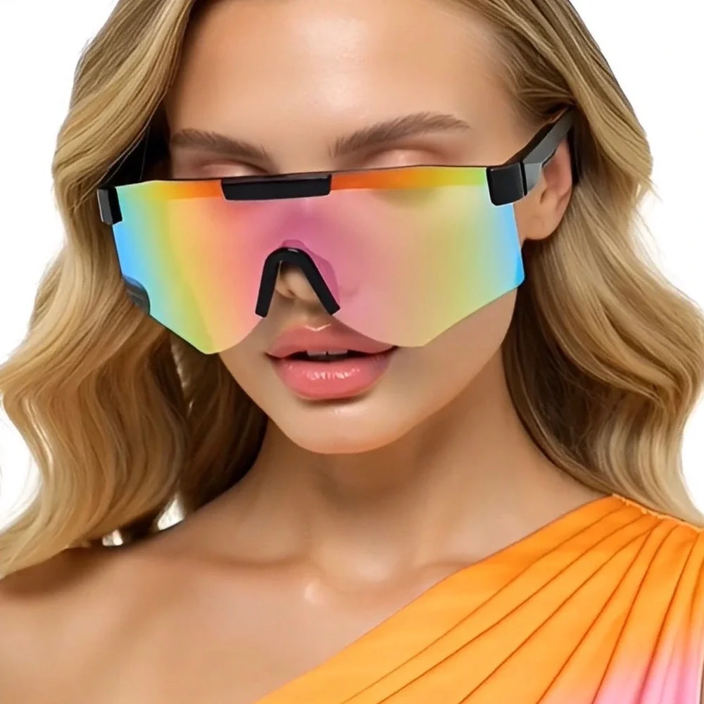 Oversized One Piece Blade Sports Women‎ Rimless Cycling Sunglasses Mirror Lentes